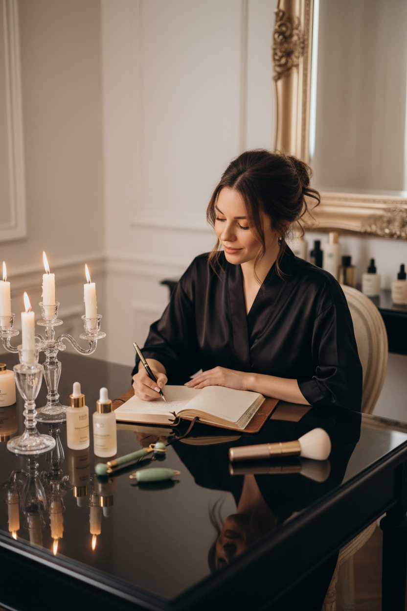 Woman at vanity writing in ritual journal